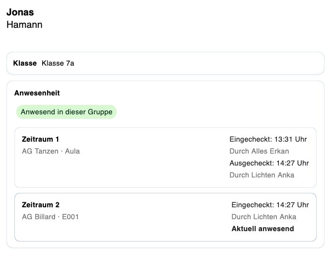 Screenshot: Protokoll von Check-in und Check-out in der IServ-Ganztagsübersicht